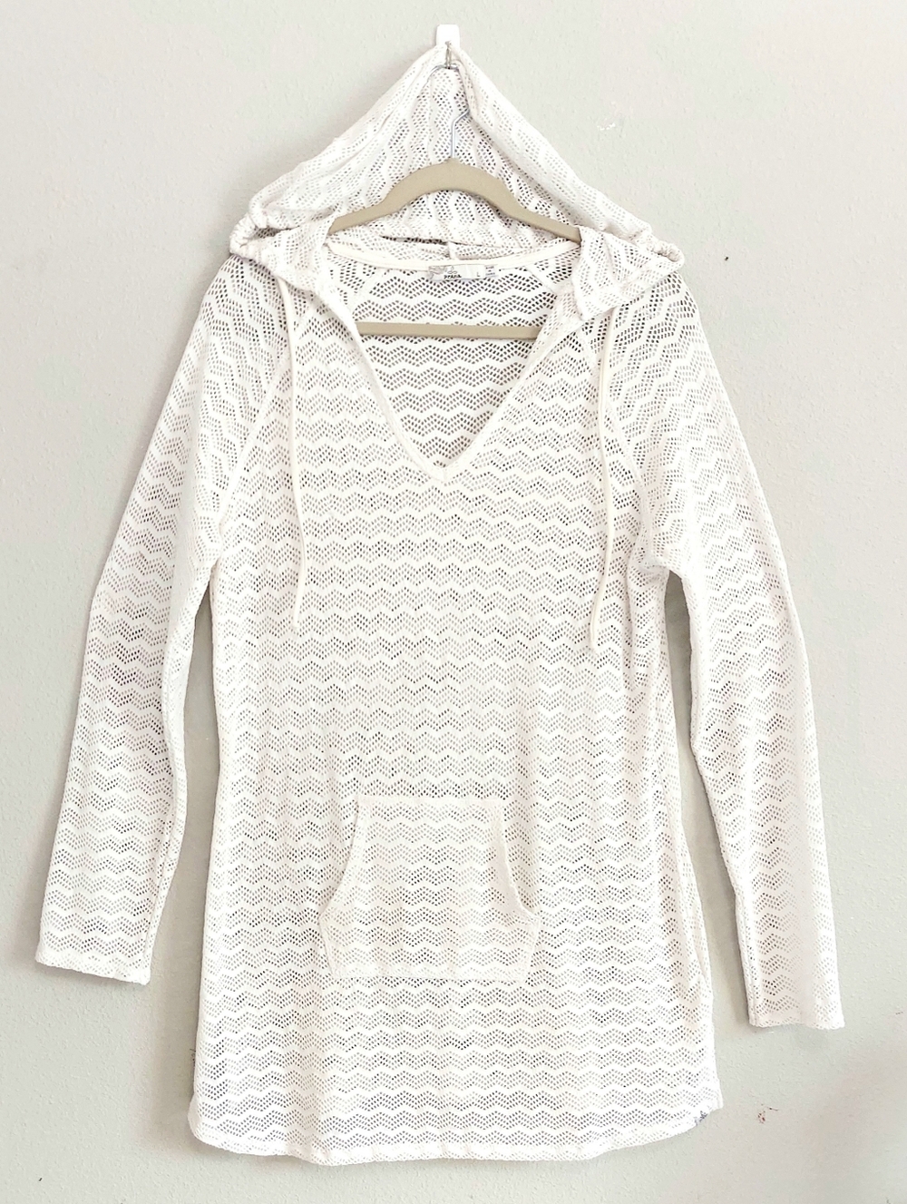 Prana Luiza White Open Weave Swimsuit Cover Up Long Sleeve With Hoodie Large